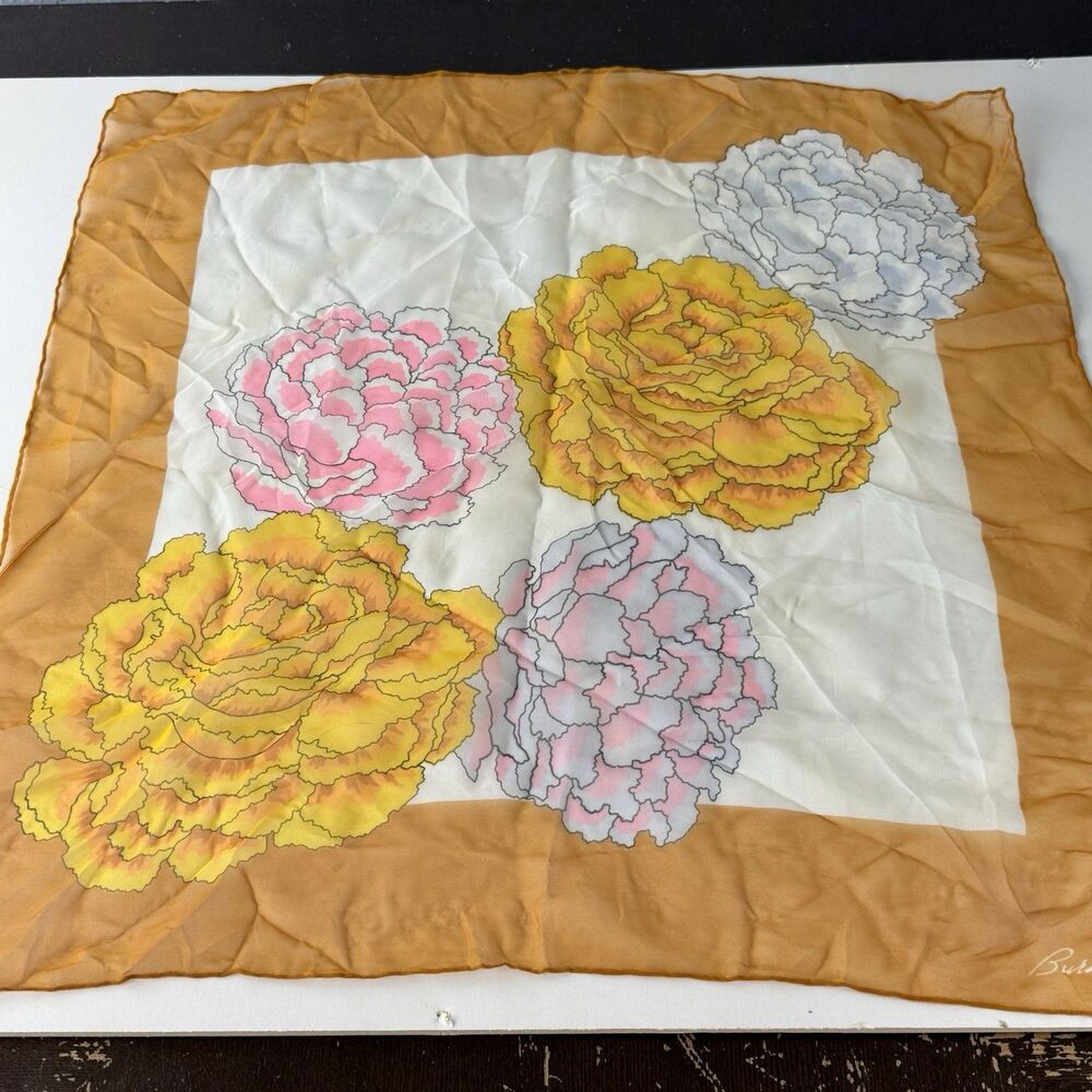 Vintage Burmel Hand Rolled Silk Chiffon Scarf 23x23 Gold Floral Pink Blue White